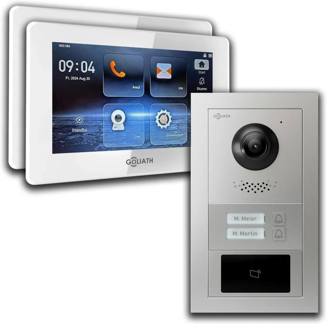 Goliath 2 Draht BUS Video Gegensprechanlage für 2 Familienhäuser mit 7 Zoll Display in Weiß und Silber, Unterputz-Installation mit RFID und WLAN - Bild 1