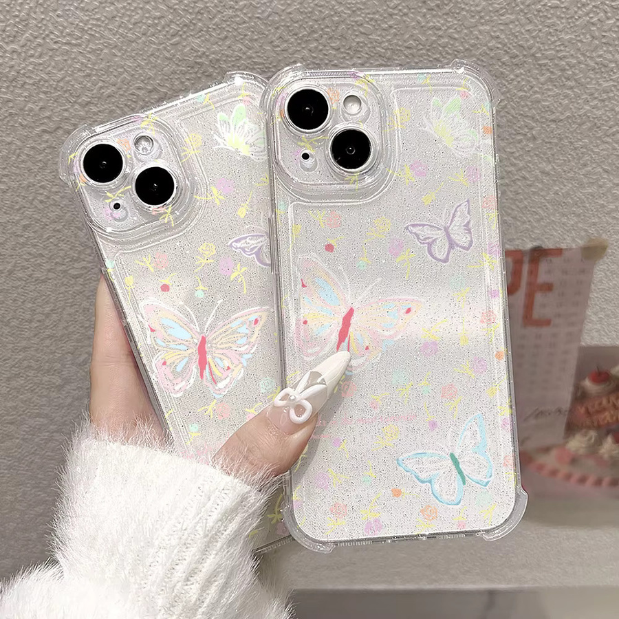 Caynes Handyhülle mit bunten Schmetterlingen und Glitzer für iPhone 11 bis iPhone 17 Pro Max, transparentes stoßfestes TPU - Bild 2
