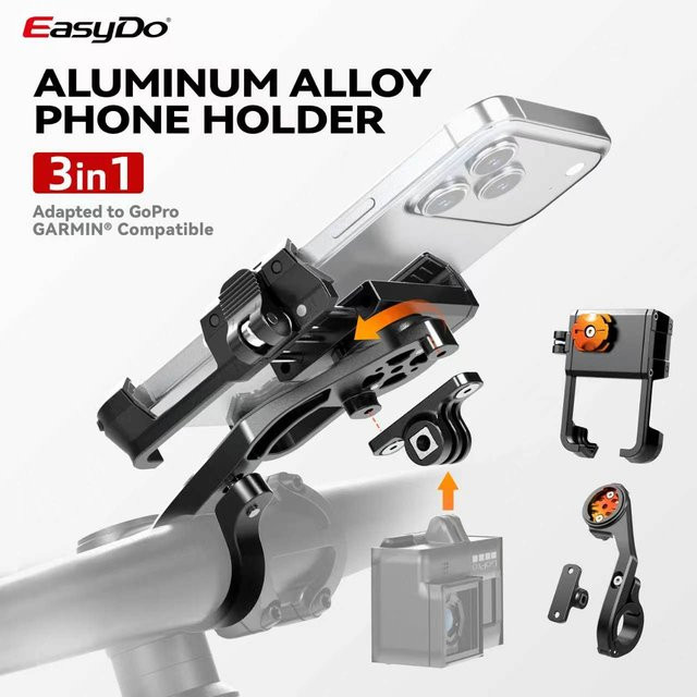 Easydo Aluminium-Fahrrad-Handyhalterung und E-Scooter-Halterung mit Anti-Vibrations-Funktion für Handys von 4,7 bis 7,2 Zoll und GoPro in Schwarz - Bild 1