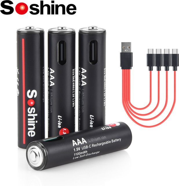 Soshine AAA Lithium-Ionen-Akku 1,5 V mit 4-in-1-USB-Ladekabel, Schwarz - Bild 1