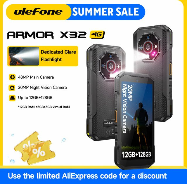 Ulefone Armor X32 Robustes Smartphone in Schwarz mit Android 14, 128 GB ROM, 12 GB RAM, 4G LTE, NFC und 5,65 Zoll Display - Bild 1