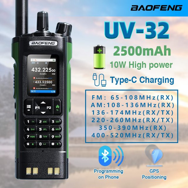 BAOFENG Walkie Talkie UV-32 Schwarz mit GPS und Bluetooth für Amateurfunk und NOAA - Bild 1