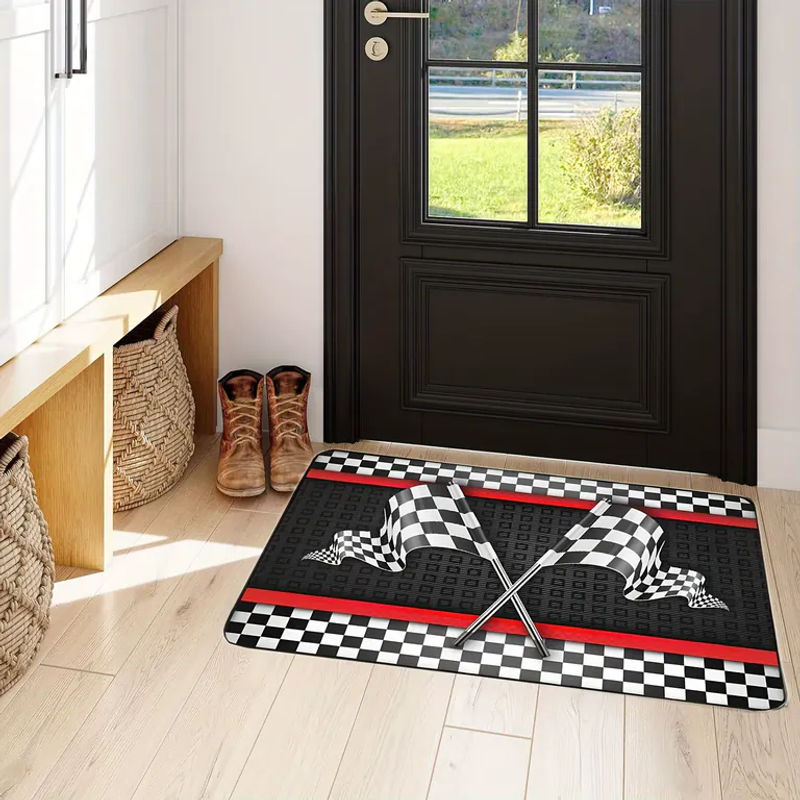 VIKAMA Rennsport-Themenmatte mit schwarz-weiß kariertem Flaggen-Print, rutschfest und maschinenwaschbar, Schwarz-Weiß - Bild 3