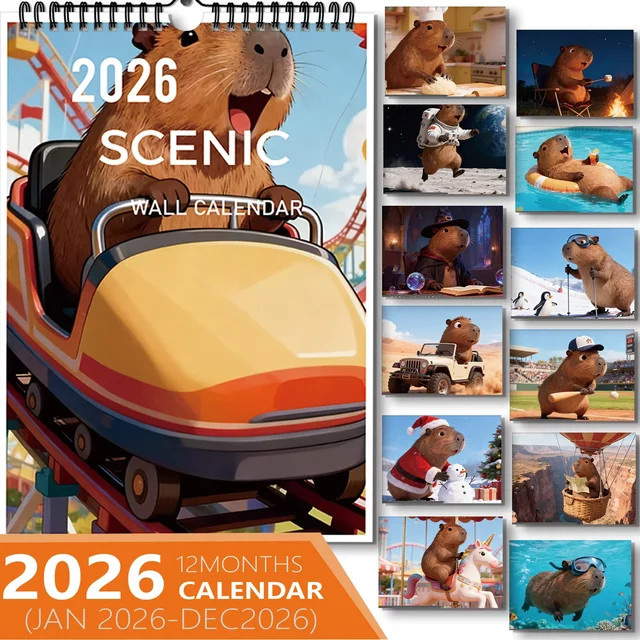 Verspielter Wandkalender mit Cartoon-Capybara in Multicolour für deine Heimdekoration - Bild 1