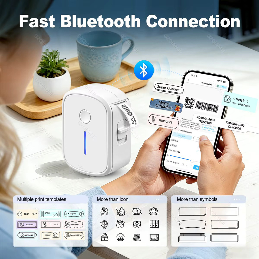GZQIANJI Mini Bluetooth Thermoetikettendrucker mit Aufkleberetiketten und Gehäuse, tragbarer tintenloser Etikettendrucker für 15mm Etiketten - Bild 2
