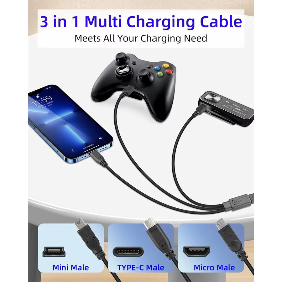 3-in-1 USB-C Splitterkabel Typ-C Verlängerungskabel mit USB-C, Micro-USB und Mini-USB Anschlüssen in Schwarz - Bild 4