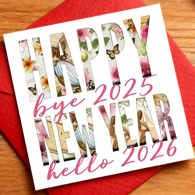 2er Set Neujahrsgrußkarte 2026 mit Umschlag, quadratische Grußkarte aus Papier in Rot und Mehrfarbig, Unisex-Design - Bild 1