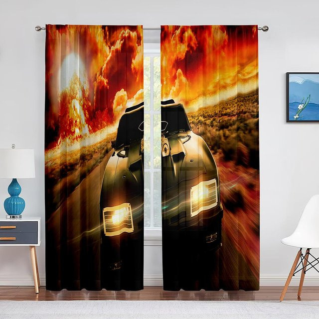 2er-Set Rennwagen Vorhänge mit Feuer-Aufdruck für Wohnzimmer und Jugendzimmer, halbtransparent, Polyester, Mehrfarbig, B: 50 cm, H: 130 cm - Bild 1