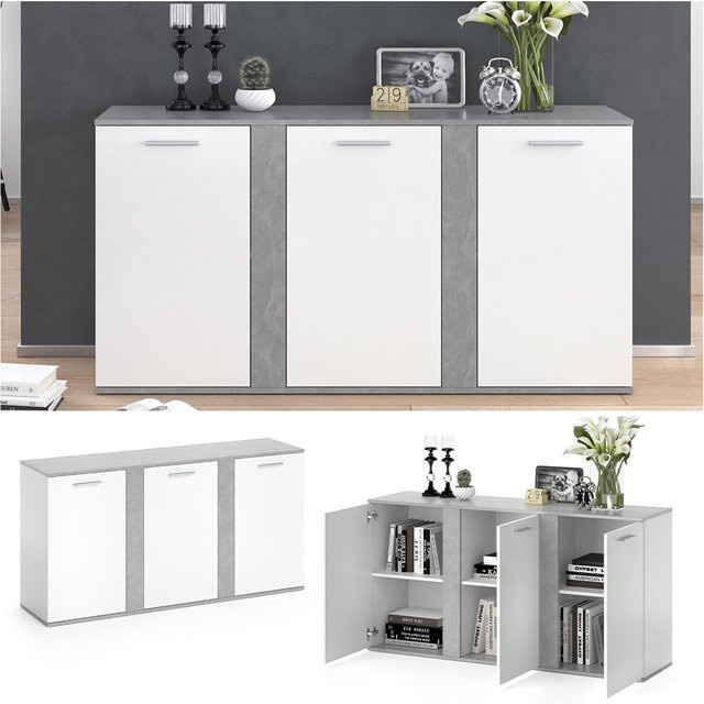 Vicco Sideboard Novelli Highboard Kommode Anrichte mit 3 Türen in Weiß und Beton Optik - Bild 1