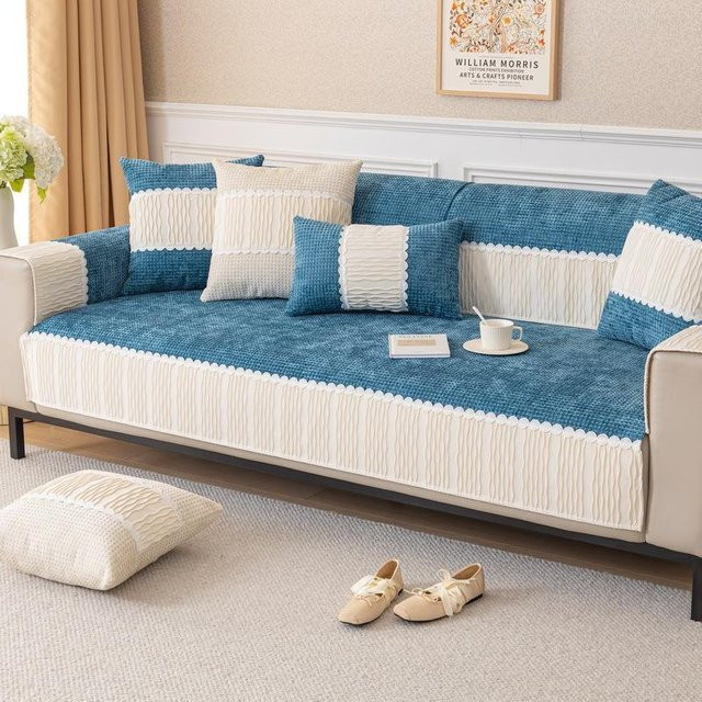 Super Six Chenille Sofakissen Blau, quadratisches Sitzkissen mit Streifenmuster, B/T/H: 70 x 70 x 70 cm - Bild 1