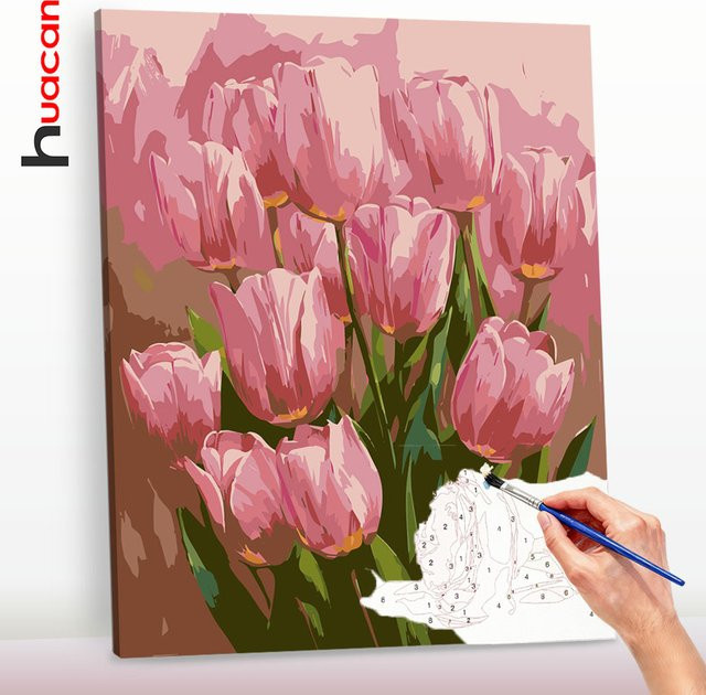 Huacan Malset nach Zahlen auf Leinwand mit pinken Tulpenblumen für Erwachsene - Bild 1