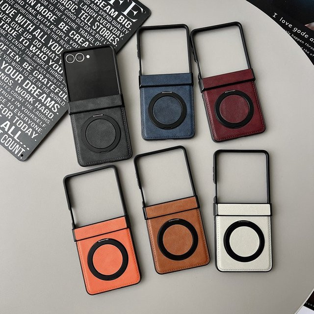 Leder-Schutzhülle mit Scharnierschutz und 360 Grad drehbarem Ringständer für Samsung Galaxy Z Flip 8 7 6 5 4 3, magnetische stoßfeste Handyhülle in Weiß und Grau - Bild 1