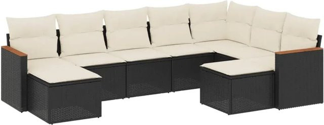 vidaXL 9-tlg. Garten-Sofagarnitur in L-Form aus schwarzem Poly-Rattan mit Kissen und pulverbeschichtetem Stahlrahmen - Bild 1