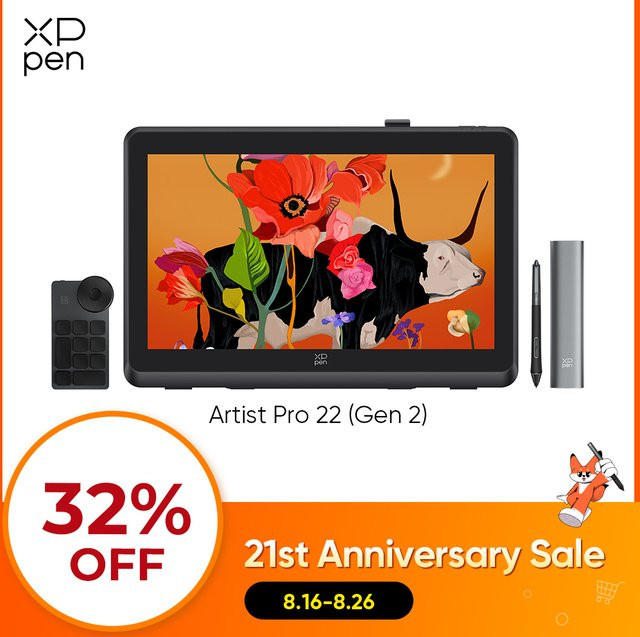 XPPen Artist Pro 22 (Gen 2) Grafiktablett-Monitor mit 2,5K QHD Zeichendisplay, X3 Pro Stift mit 16K Druckstufen, Farbe: Schwarz - Bild 1