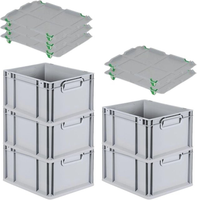 PROREGAL SparSet 5x Eurobox NextGen Grip mit Auflagedeckel und 4 grünen Schiebeschnappverschlüssen, Grau, H x B x T: 22 x 30 x 40 cm, 20 Liter - Bild 1