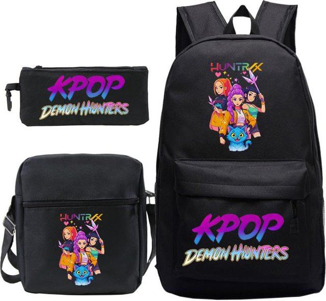 3-teiliges Schulrucksack-Set in Schwarz aus Oxford-Stoff mit Schultasche, Schultergurt und Federmäppchen - Bild 1