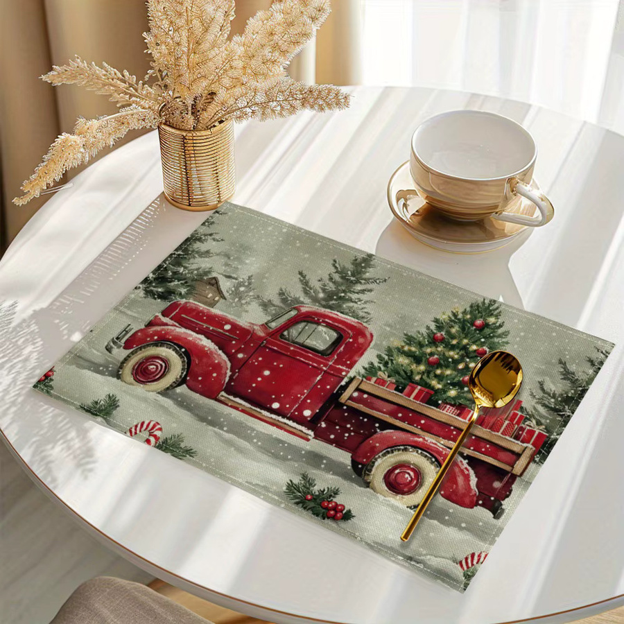 VIKAMA 4-teiliges Weihnachts-Tischset mit LKW-Schneeszene, buntes Platzset-Set für die Feiertagsdekoration - Bild 4
