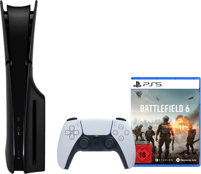 Sony PlayStation 5 Slim Spielekonsole mit Laufwerk, Battlefield 6 und schwarzen Covern, 4K UHD - Bild 1