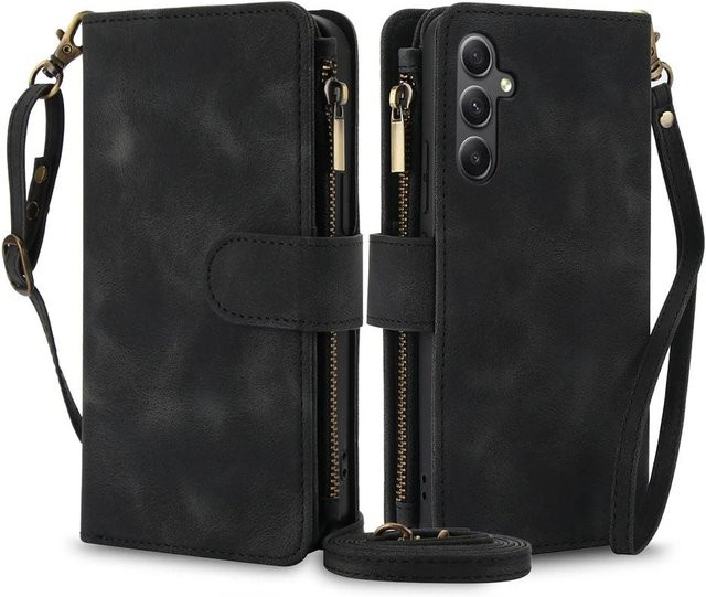 Leder Handyhülle mit Reißverschluss als Portemonnaie für Samsung Galaxy S26 S25 Ultra S24 FE S23 Plus A55 A54 A53 A35 A34 A15 A14 A13 in Schwarz - Bild 1