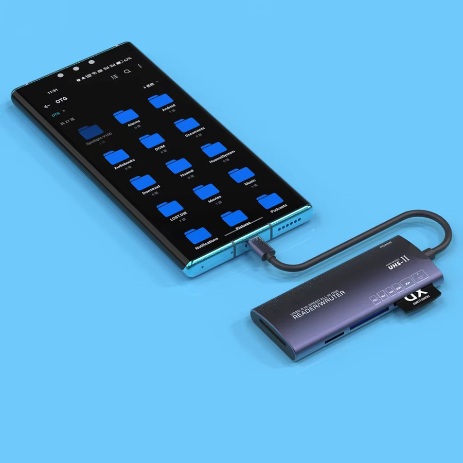 OULLX 6-in-1 USB Typ C All-in-One Kartenleser aus Aluminiumlegierung für Micro SD, TF, XD, CF, M2 und MS in Grau - Bild 2