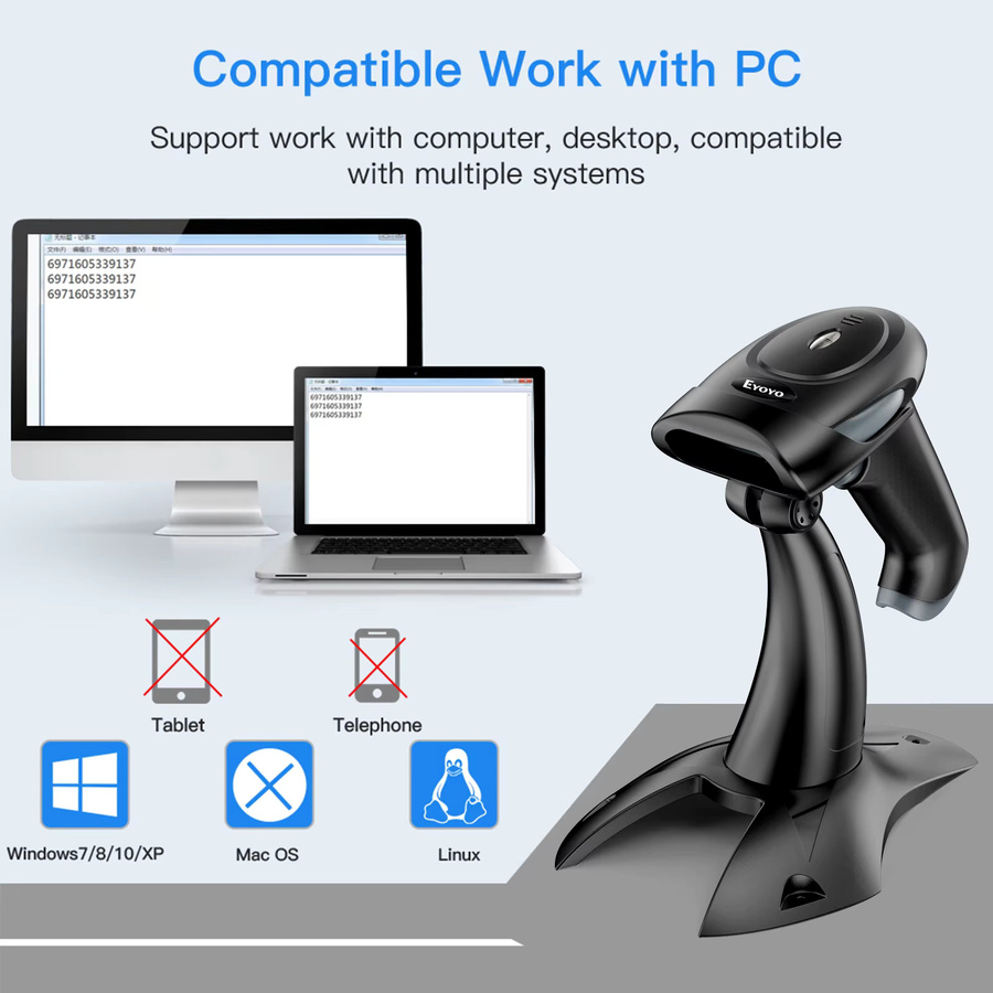 Eyoyo EY-019WS 2,4G Kabelloser Handscanner für QR-Codes, USB-C 1D 2D Barcode-Scanner mit verstellbarem Ständer und automatischer Erkennung, Schwarz - Bild 5
