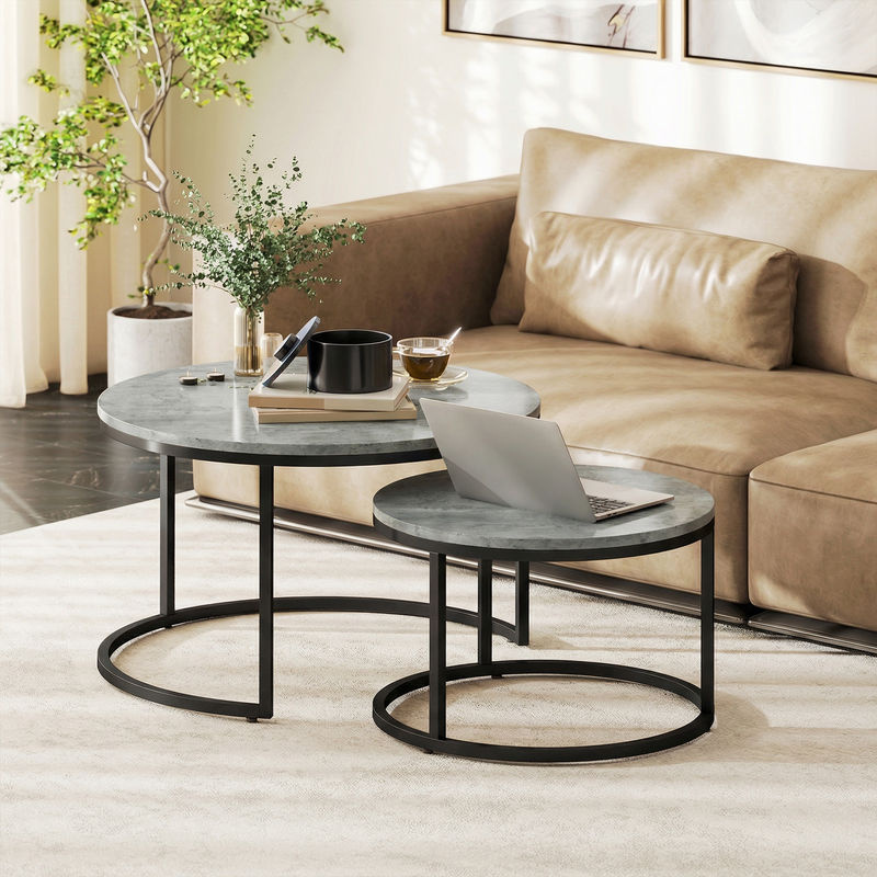 HOMCOM 2er Set Couchtisch rund in Zementoptik Grau mit Metallrahmen und MDF, Stapelbare Beistelltische für Wohnzimmer und Schlafzimmer, Durchmesser: 78,5 cm, Höhe: 46,5 cm - Bild 2