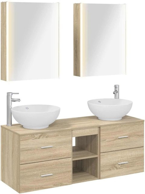 vidaXL Badezimmermöbel-Set 5-teilig in Sonoma-Eiche mit Spiegelschrank, Waschtischunterschrank und Wandschrank aus Holz und Glas mit LED-Beleuchtung, Braun - Bild 1
