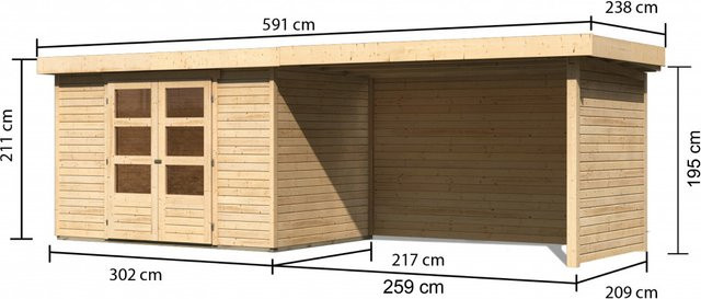 Karibu Gartenhaus Askola 4 aus Holz in Natur, B/H/T: 302 x 217 x 280 cm, inklusive Anbaudach und Wänden - Bild 4