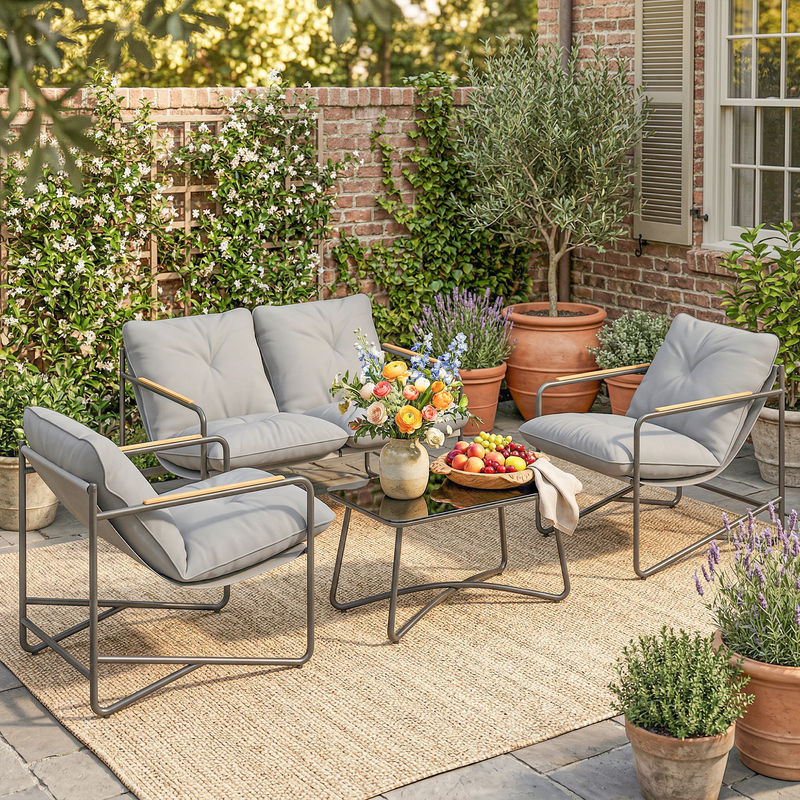 Outsunny Garten-Loungeset 4-teilig aus Metall mit 2-Sitzer-Sofa, 2 Sesseln und Glastisch in Hellgrau - Bild 2