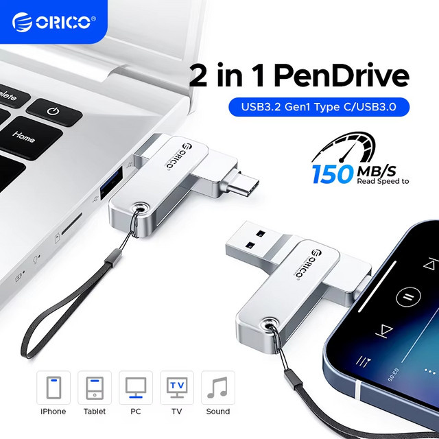 ORICO 2-in-1 USB-C Dual Flash-Laufwerk USB 3.2 mit USB-C und USB-A Anschluss, 128 GB, Silber - Bild 1