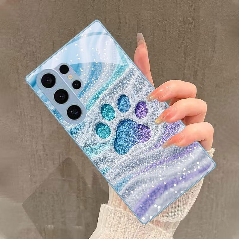 Glitzernde Katzenpfote Handyhülle aus Glas für Samsung Galaxy S26 S25 S24 S23 S22 FE Ultra Plus in Pastellfarben - Bild 2
