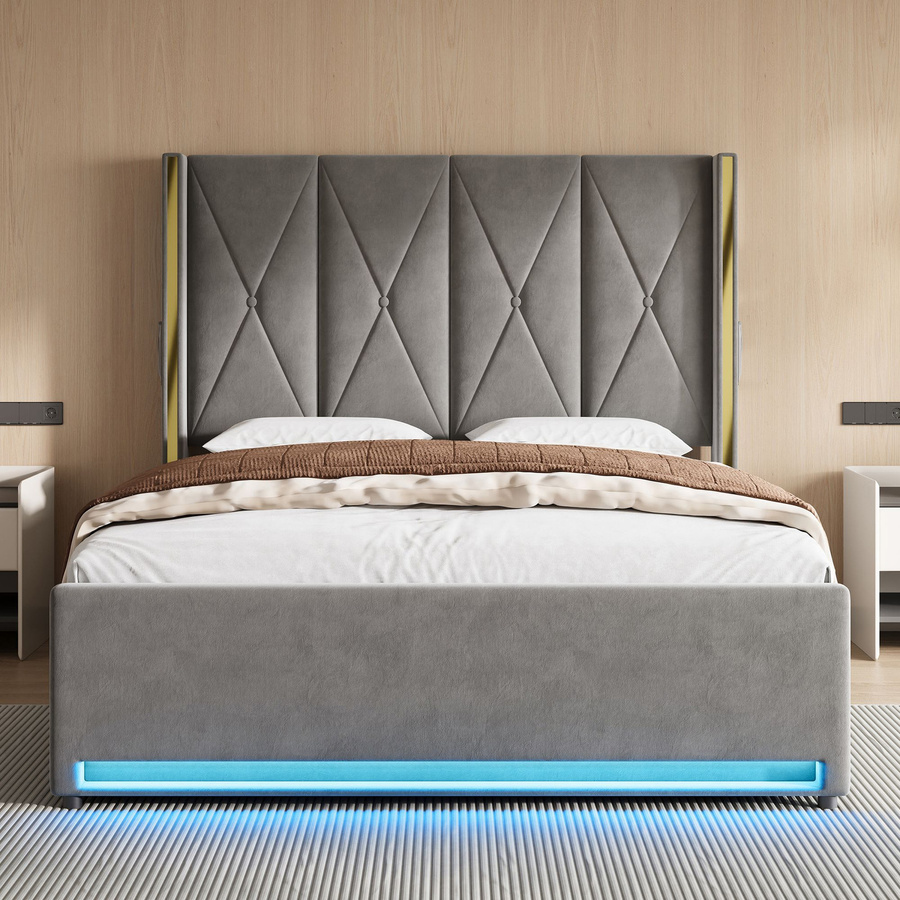 GOMYWAY Home Veloursbett mit gepolstertem Kopfteil und USB-Ladeport in Grau, H x B x T: 141 x 170 x 213 cm, passend für Matratzen 160 x 200 cm - Bild 2