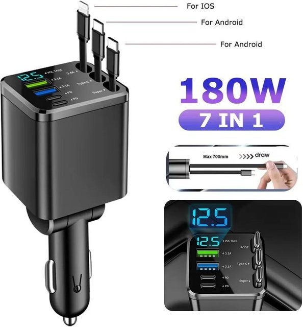 YJMP Auto Parts Autoladegerät mit einziehbarem Kabel und Spannungsanzeige, 150W Schnelllader mit PD30W und 22,5W für iOS und Android, Schwarz - Bild 1
