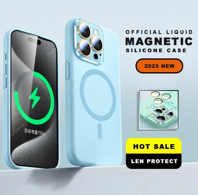 Magnetische Flüssigsilikon-Handyhülle mit Armband für Apple iPhone 11 12 13 14 16 Pro Max Plus in Blau und Grün - Bild 1