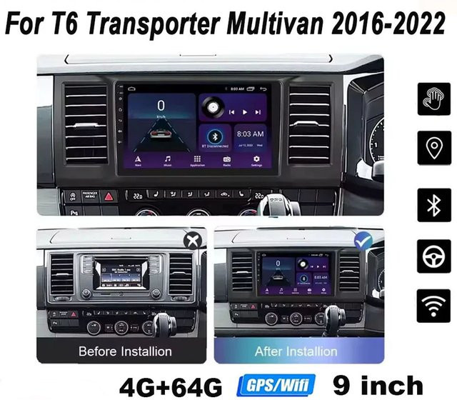 9 Zoll Android 14 Multimedia Navigationssystem mit Carplay und Android Auto für Volkswagen T6 Transporter Multivan 2016 - 2022, Schwarz, 4+64 GB - Bild 1