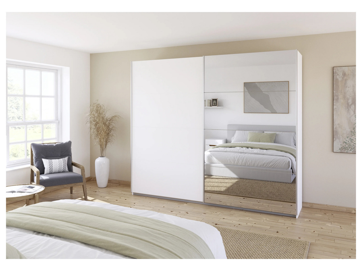 RAUCH Quadra Schwebetürenschrank mit Spiegelelementen und integrierten Schubladen, Korpus Weiß, B: 271 cm, H: 230 cm, T: 62 cm - Bild 2