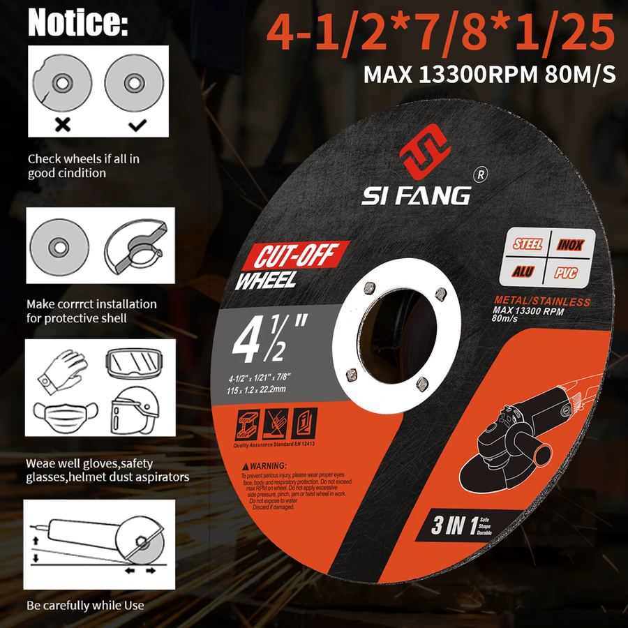 SI FANG Trennscheibe für Metall, Edelstahl, Aluminium und Holz, Farbe: Schwarz, Durchmesser: 115 mm, Dicke: 1,2 mm, Bohrung: 22,2 mm - Bild 5