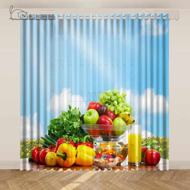 Yiran Furniture Küchengardinen mit Obst und Gemüse Print, 2er-Set, halbtransparent, Mehrfarbig, B: 60 cm, H: 50 cm pro Paneel - Bild 1