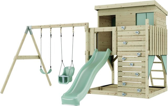 PolarPlay Spielturm Nils aus Holz mit Rutsche und Babyschaukel, Mintgrün - Bild 1