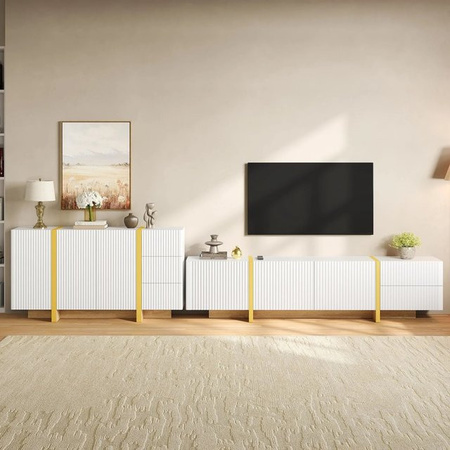 Merax TV Lowboard Sideboard Set Wohnzimmermöbel in Weiß mit Rillenoptik und mattem Finish