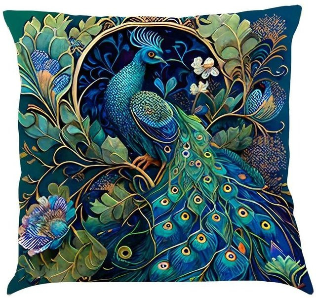 JMG Clothing Kissenbezug im nordischen Stil mit Pfau-Ölgemälde Motiv, Blau, B/T: 50 x 50 cm - Bild 1