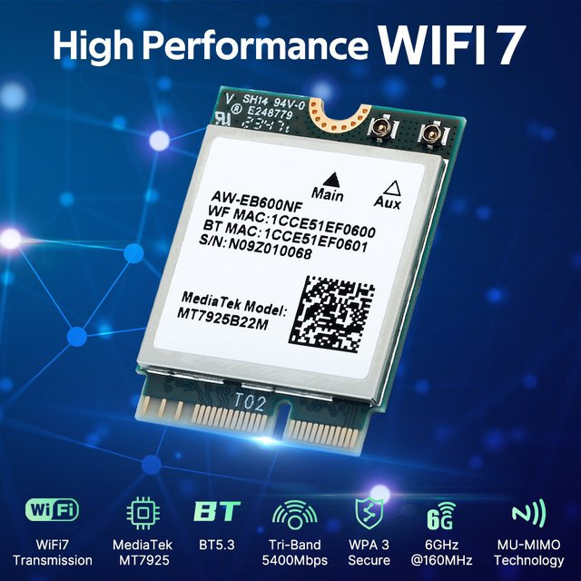 DERAPID WiFi 7 MT7925 M.2 NGFF Wireless-Adapter Tri-Band 2,4G/5G/6GHz Bluetooth 5.4 Wireless-Karte mit Antennen-Kit für PC Windows 10/11 - Bild 1