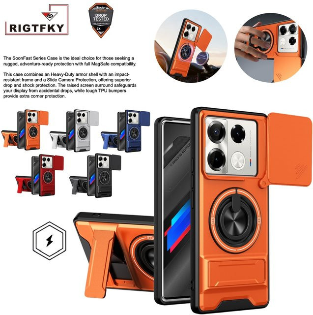 Stoßfeste Panzer-Handyhülle für Infinix Note Edge 60 50 40 30 Pro 40S 50S 50X mit Kameraschutz, Ständer und magnetischer Abdeckung in Silber und Orange - Bild 1