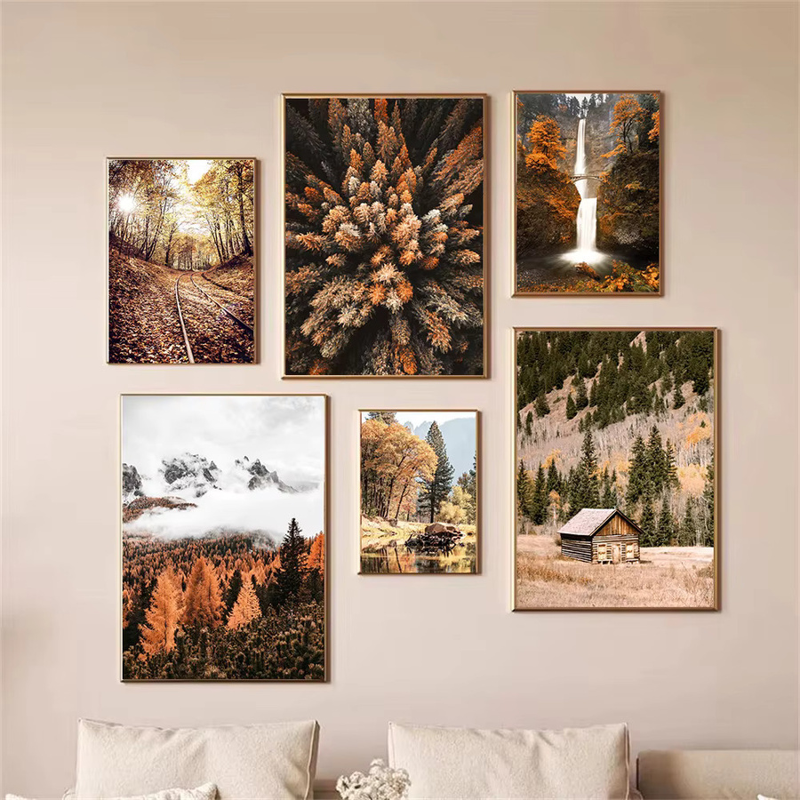 Potdemiel Leinwanddruck Herbstlandschaft mit Waldpfad und Blättern im nordischen Stil als Wandbild - Bild 3