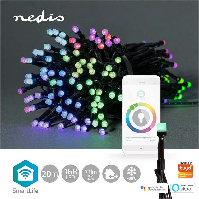 Nedis RGBIC LED Lichterkette für Innen und Außen, 168 LEDs, Schwarz, WLAN SmartLife kompatibel mit Tuya, Amazon Alexa und Google Assistant, dimmbar mit Timer - Bild 1