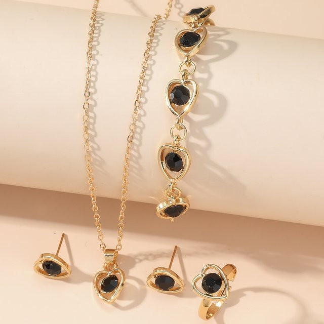 5-teiliges Schmuck-Set, Herzförmig, Schwarz, Kristall, Damen - Bild 1