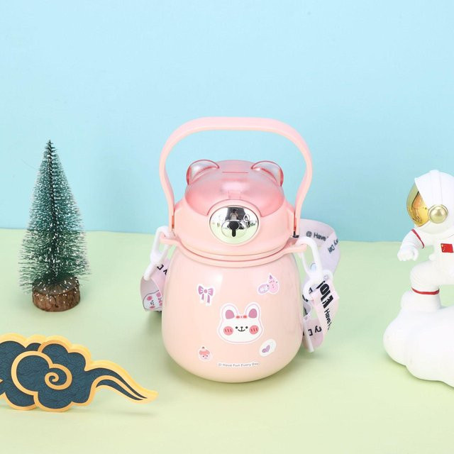 Allbestart Kinder-Thermosbecher aus 316 Edelstahl mit Strohhalm und Trageriemen, Pink, 800 ml - Bild 1