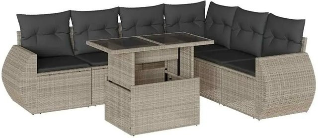 vidaXL 7-tlg. Garten-Sofagarnitur in L-Form aus Polyrattan mit Kissen, Hellgrau - Bild 1
