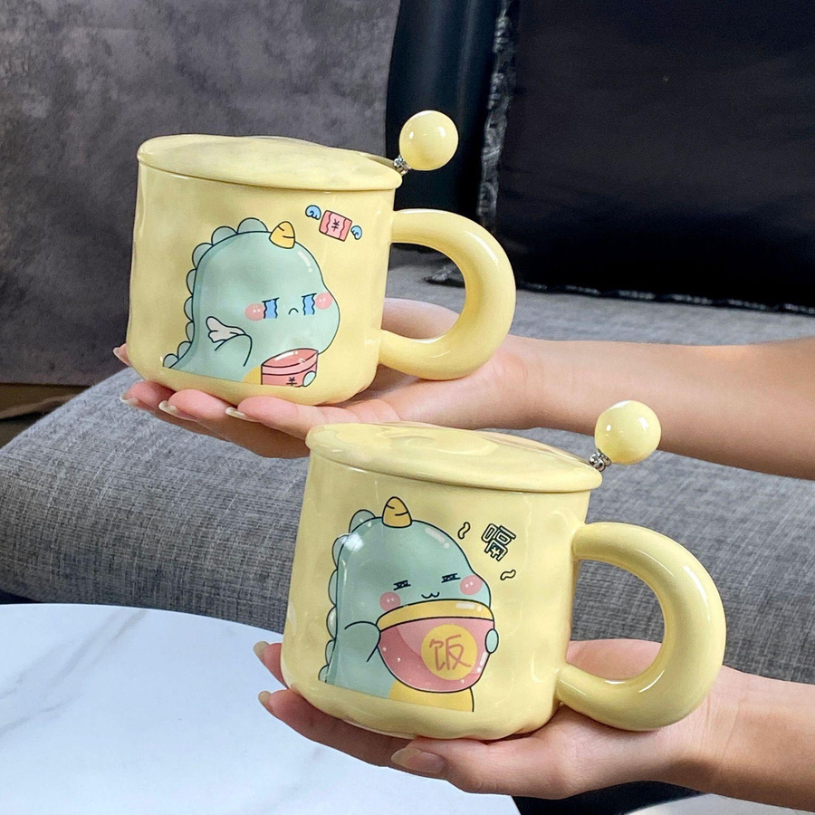 Süße Dinosaurier Keramiktasse mit Deckel und Löffel in Weiß und Gelb, 401-500ml - Bild 2