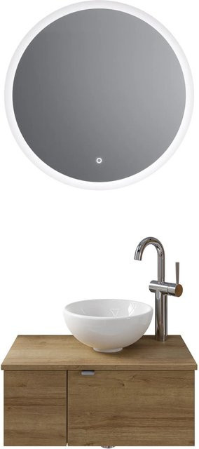 Pelipal Badmöbel-Set Serie 6915 Riviera Eiche in Braun mit Keramik Aufsatzbecken, Waschtischunterschrank und Funktionsspiegel mit LED-Beleuchtung und Sensor-Schalter, Breite: 70 cm - Bild 1